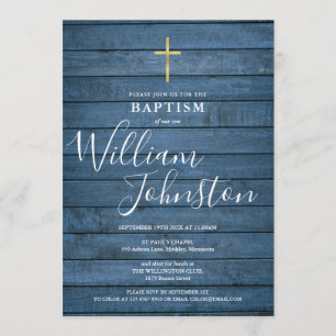Invitation Bleu Rustique Script Baptême Christening