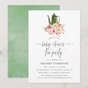 Invitation Bleu & Sage Green Baby shower Floral Tea Party
