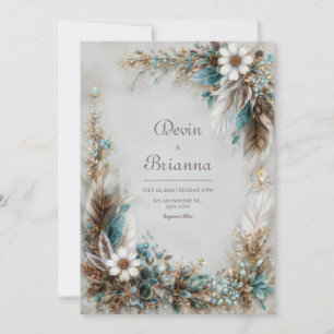 Invitation Bleu sarcelle Brun plume Blanc Floral Mariage