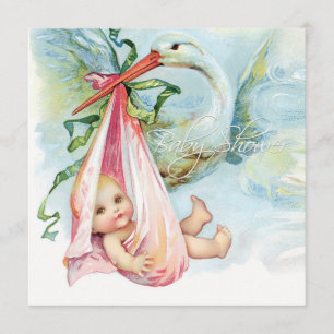 Invitation Bleu sarcelle et rose Baby Shower vintage cigogne