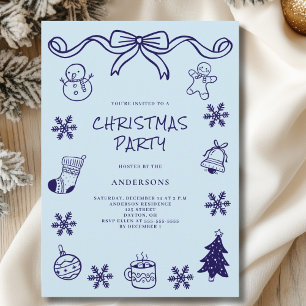 Invitation Bleu Scribble main dessinée fête de Noël