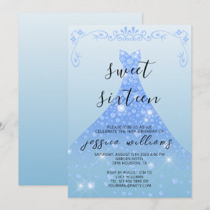 Invitation Bleu Sequin Ball Gown & Swirls Sweet 16 Anniversai