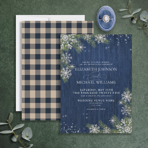 Invitation Bleu Silver Hiver Bois Plaid Rustique Mariage