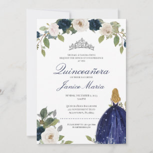 Invitation Bleu Silver Tiara Floral Robe élégante Quinceañera