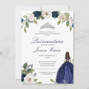 Invitation Bleu Silver Tiara Floral Robe élégante Quinceañera