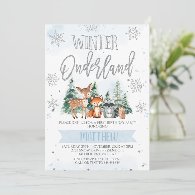 Invitation Bleu Silver Woodland Onederland Premier anniversai (Debout devant)