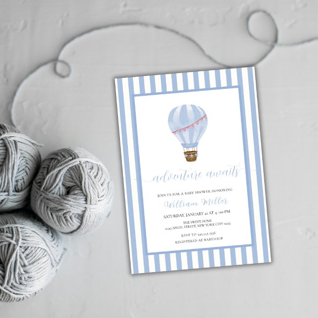 Invitation Bleu simple bande à air chaud Baby shower à ballon (Blue Simple Stripe Hot Air Balloon Baby Shower Invitation)