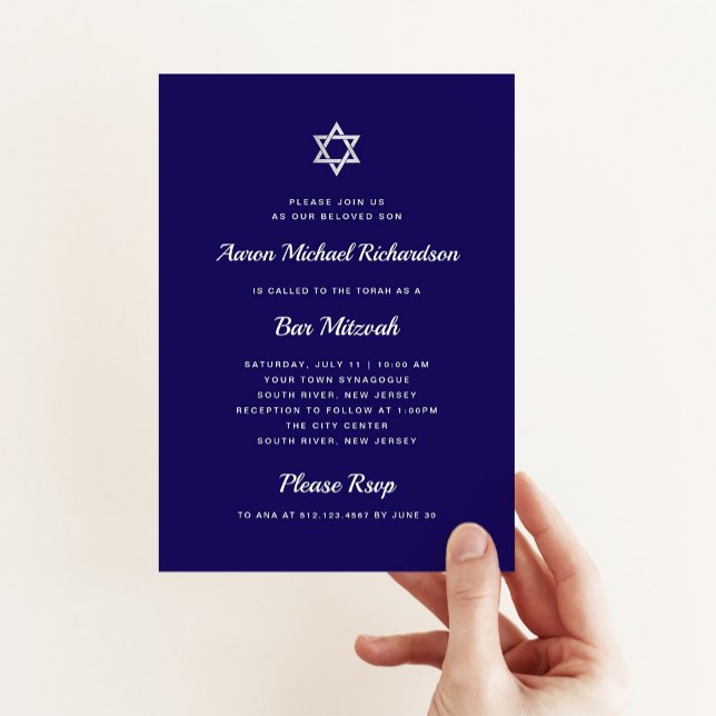 Invitation Bleu simple et gras Blanc et argenté Bar Mitzvah (Créateur téléchargé)