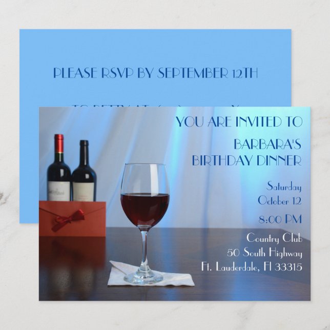 Invitation Bleu Sophistiqué Vin rouge fête d'anniversaire (Devant / Derrière)