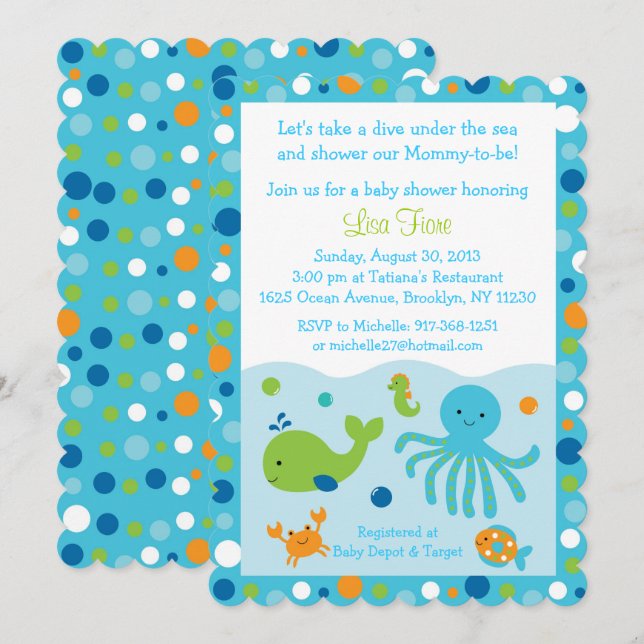 Invitation Bleu sous le Baby shower marin (Devant / Derrière)