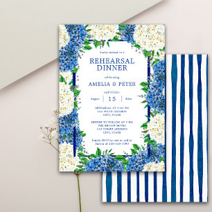 Invitation Bleu Stripes Hydrangeas Dîner de répétition Mariag