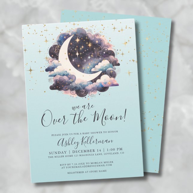 Invitation Bleu Sur Le Baby shower Lune (Blue Over The Moon Baby Shower Invitation)