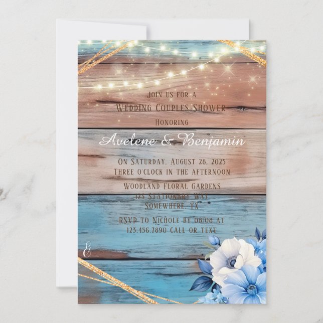 Invitation Bleu Tan Bois Lumières Floral Mariage Couples Douc (Devant)