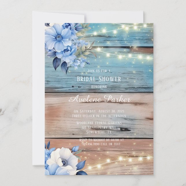 Invitation Bleu Tan Bois Lumières Florales Fête des mariées (Devant)