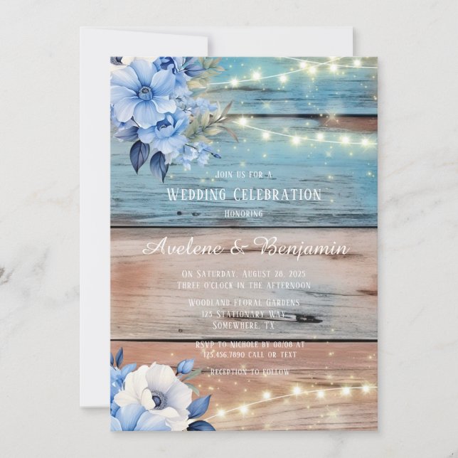 Invitation Bleu Tan Bois Lumières Florales Mariage Fête (Devant)