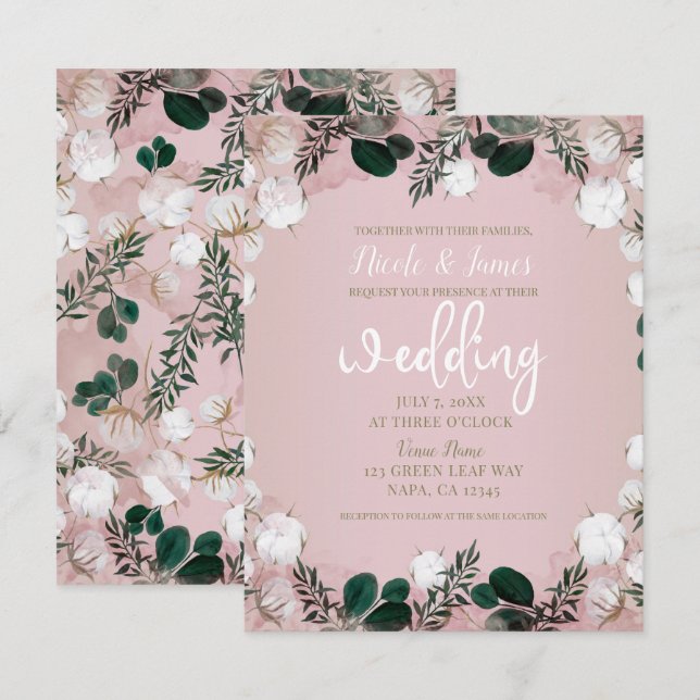 Invitation Bleu Taupe Coton Floral Verdure Mariage rustique (Devant / Derrière)