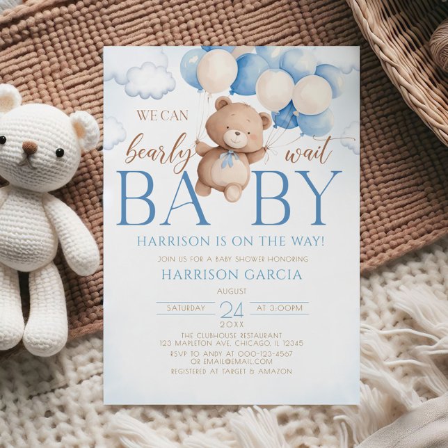 Invitation Bleu Teddy Bear Balloon Bearly Wait Baby shower (Créateur téléchargé)