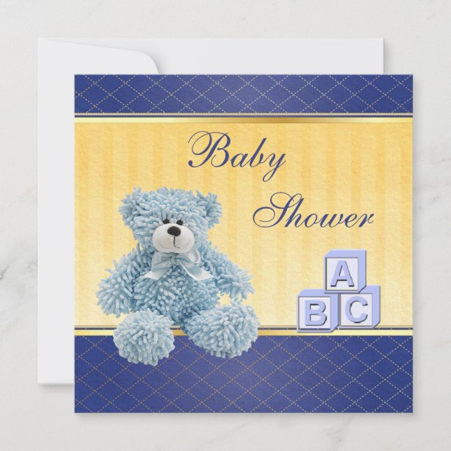 Invitation Bleu Teddy & Building Blocks Boys Baby shower (Devant)