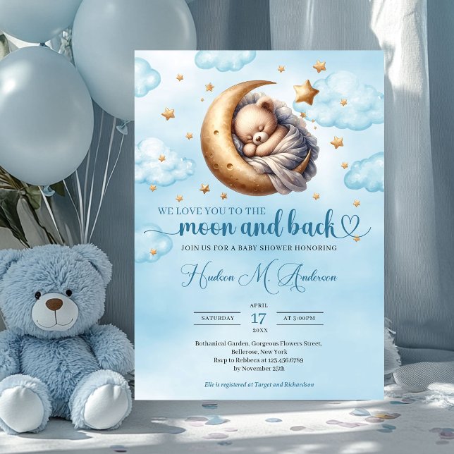 Invitation Bleu tendance et lune or et retour Baby shower Gar (we love you to the moon and back - boy baby shower invitation)