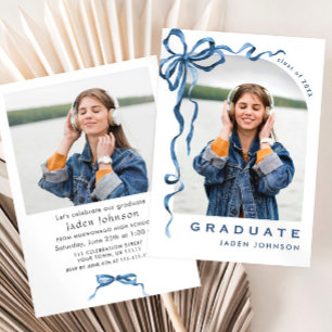 Invitation Bleu tendance Ruban 2 PHOTO Graduation Party