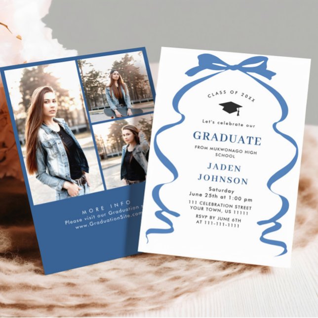 Invitation Bleu tendance Ruban Bow 3 PHOTO Graduation Party (Créateur téléchargé)