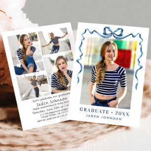 Invitation Bleu tendance Ruban de Bow 5 PHOTO Graduation Part