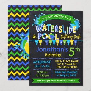 Invitation Bleu toboggan et piscine Anniversaire