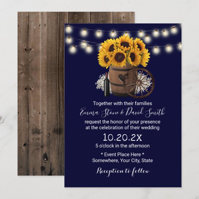 Invitation Bleu Tournesol de la Marine Baril Mariage rustique (Devant / Derrière)