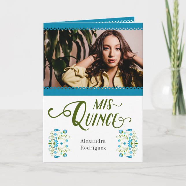Invitation Bleu traditionnel mexicain Floral Photo Quinceaner (Devant)