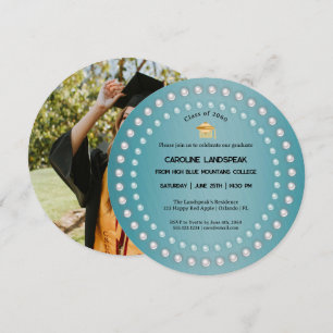 Invitation Bleu turquoise Brossé Métal & Perles Graduation