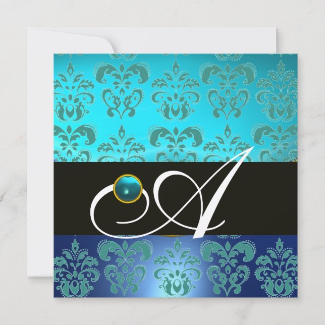 INVITATION BLEU TURQUOISE NOIR CHAMPAGNE DAMAS MONOGRAMME (Devant)