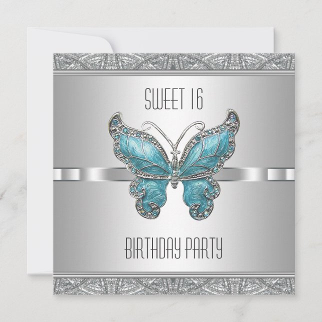 Invitation Bleu turquoise Papillon doux 16 fête d'anniversair (Devant)