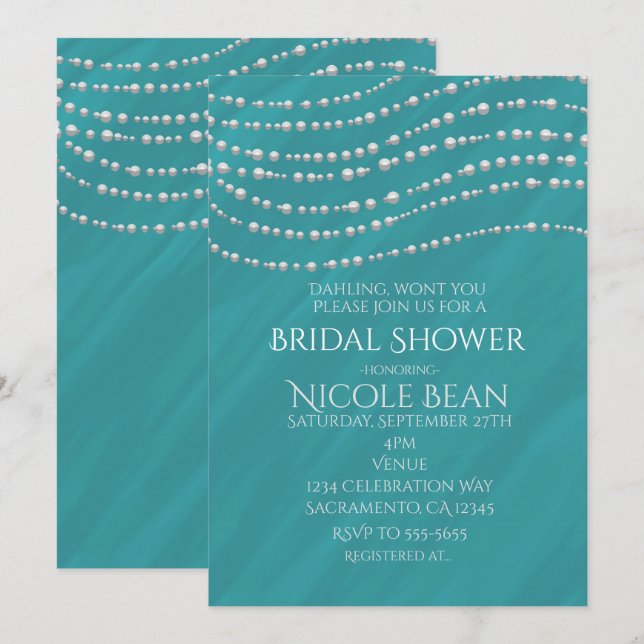 Invitation Bleu Turquoise & Perles Fête des mariées élégante (Devant / Derrière)