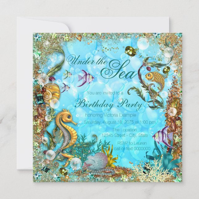 Invitation Bleu turquoise sous la mer fête d'anniversaire (Devant)