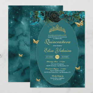 Invitation Bleu turquoise Vert Or Papillon de luxe Quinceaner