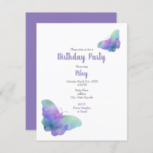 Invitation Bleu Turquoise Violet Aquarelle Papillons