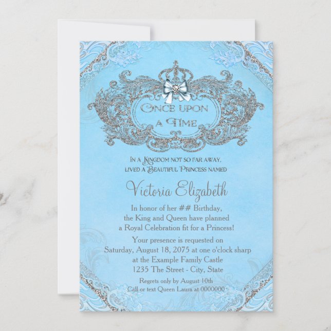 Invitation Bleu une fois à une époque princesse Anniversaire (Devant)