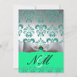INVITATION BLEU VERT BLANC RIBBON BLACK DAMASK MONOGRAM