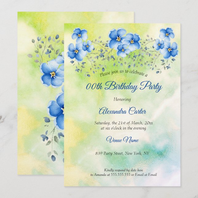 Invitation Bleu Vert Floral Aquarelle fête d'anniversaire (Devant / Derrière)