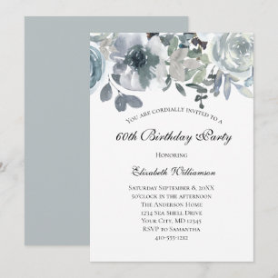 Invitation Bleu Vert Gris Floral Aquarelle Anniversaire Pour