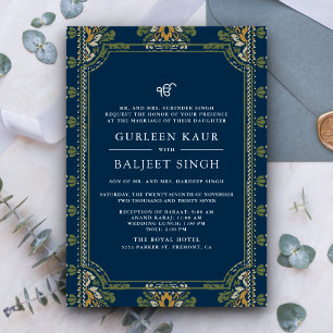 Invitation Bleu Vert Jaune Ikat Anand Karaj Sikh Mariage