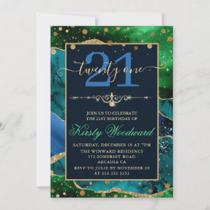 Invitation Bleu & Vert & Paillettes de Fausse Or Agate Annive