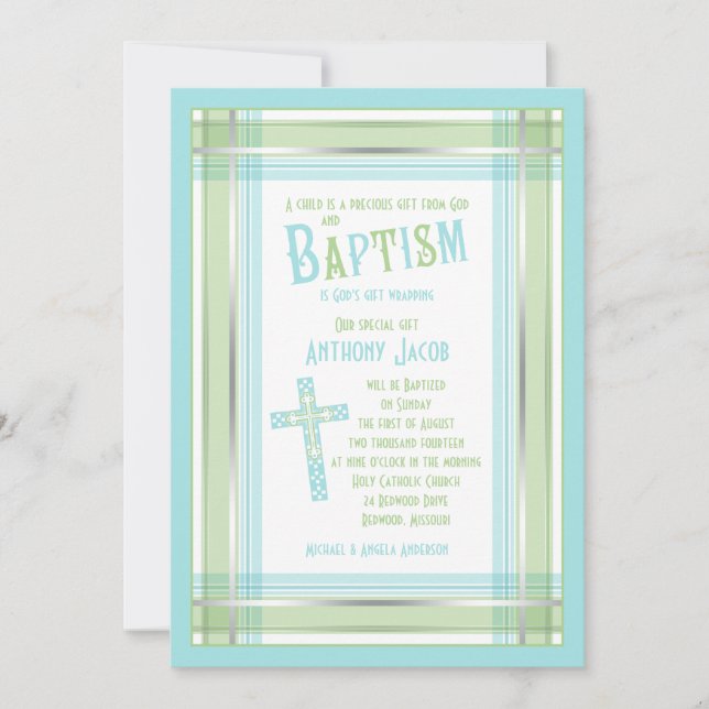 Invitation Bleu Vert Plaid Croix Catholique Baptême Invitatio (Devant)