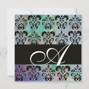 Invitation BLEU VERT TURQUOISE BLACK DAMASK MONOGRAM, blanc