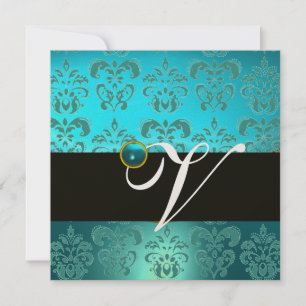 INVITATION BLEU VERT TURQUOISE NOIR OR DAMAS MONOGRAMME