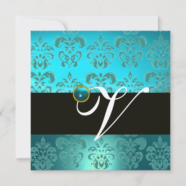 INVITATION BLEU VERT TURQUOISE NOIR OR DAMASSE MONOGRAMME (Devant)