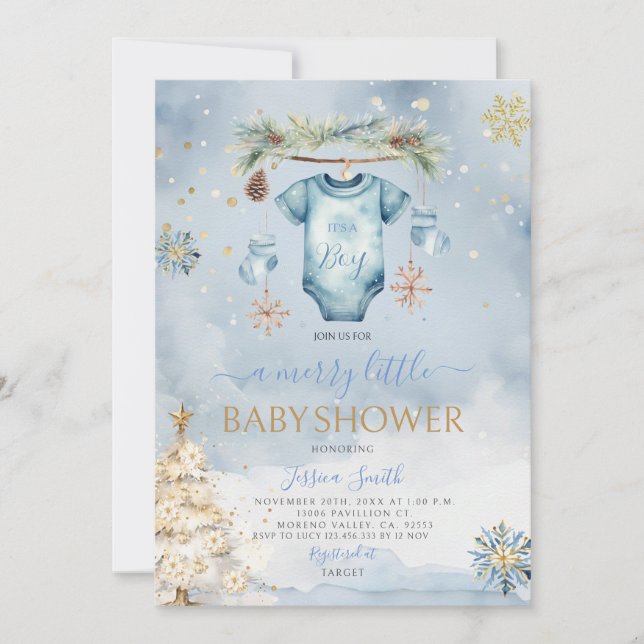 Invitation Bleu Vêtements de bébé hiver C'est un Baby shower  (Devant)
