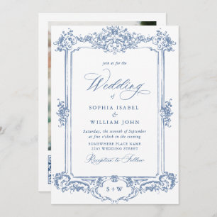 Invitation Bleu Victorian Ornate Grace Floral Mariage QR code