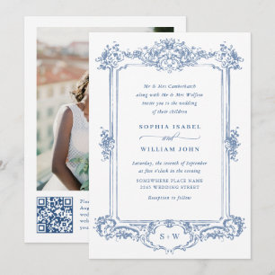 Invitation Bleu Victorian Ornate Grace Floral Mariage QR code