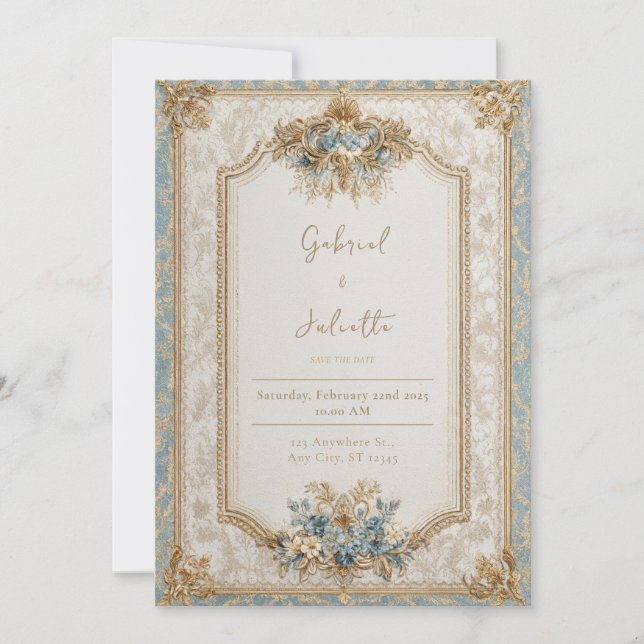 Invitation Bleu victorien Baroque Floral Mariage (Devant)